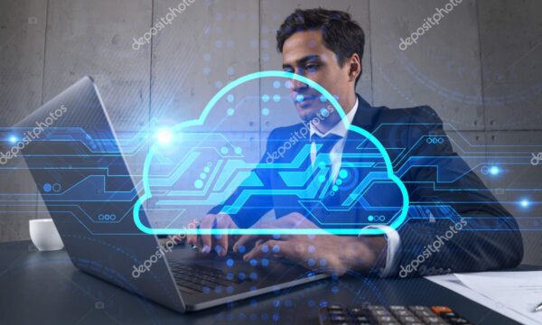 Businessman in office working with laptop technology storage cloud typing computer assemble data drawing concept. Double exposure.