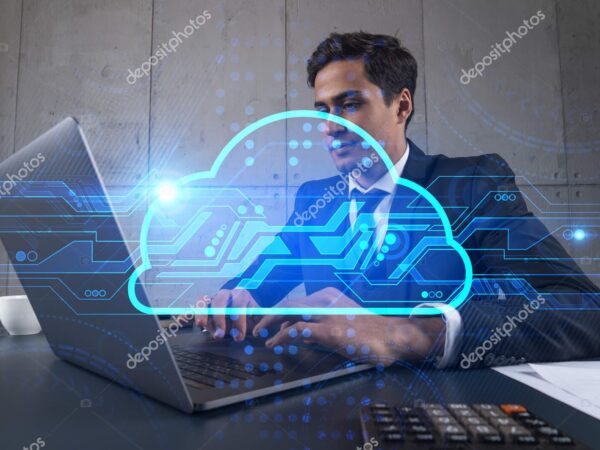 Businessman in office working with laptop technology storage cloud typing computer assemble data drawing concept. Double exposure.
