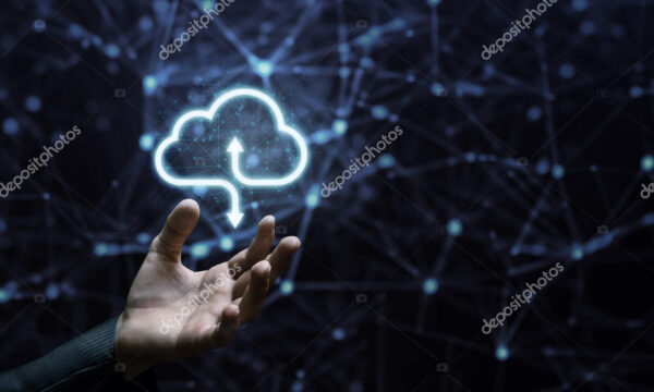 The hand shows a computing cloud on a blurred dark background.