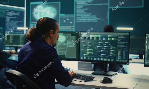 IT expert monitoring cyber threats on a computer and big screen, high tech agency office.